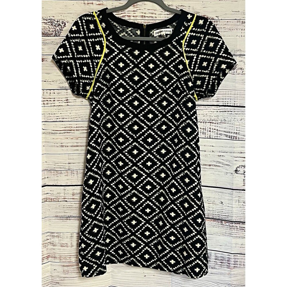 Oxford Circus Geometric Ikat Shift Dress Black White Yellow Piping Mod M